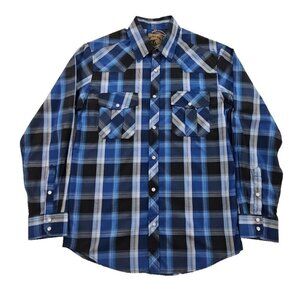 Coevals‎ Club Western Shirt Men's M Blue Plaid Pearl Snap Cowboy Long Sleeve